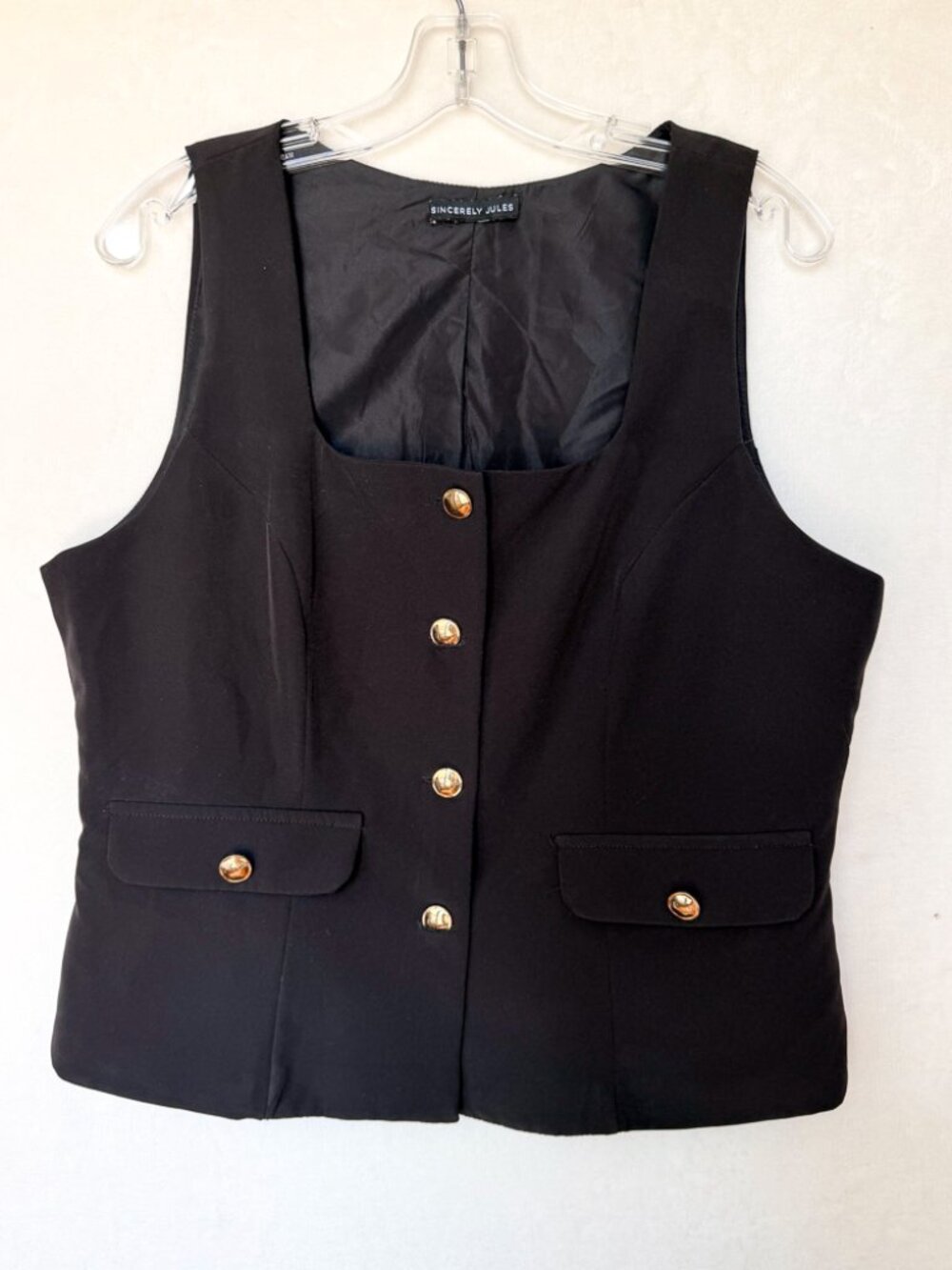 Womens Black Button Down Vest Square Neck Gold Buttons - Academia Layering